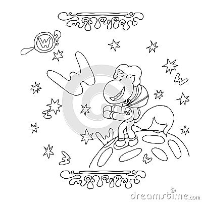Find Letter W. Funny cartoon unicorn. Animals alphabet a Coloring page. Printable worksheet. Unicorns on the moon in a spacesuit l Vector Illustration